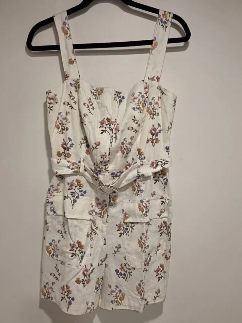 House Of Harlow 1960 Romper Women 6 White Floral Belted Pearl Buckle Linen Rayon